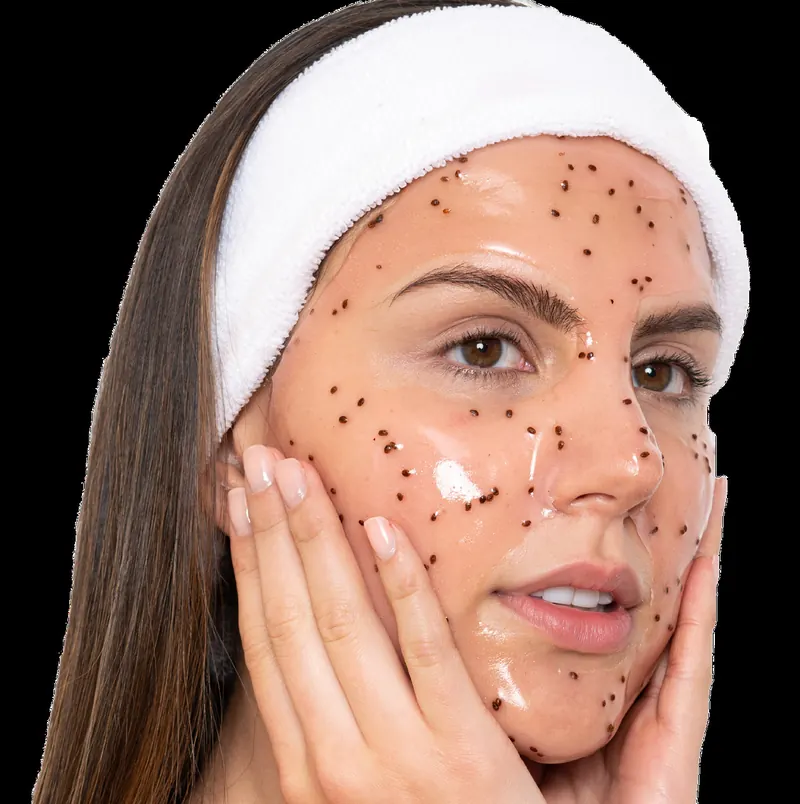 Woman wearing an esthemax® mask with particles, touching her cheeks